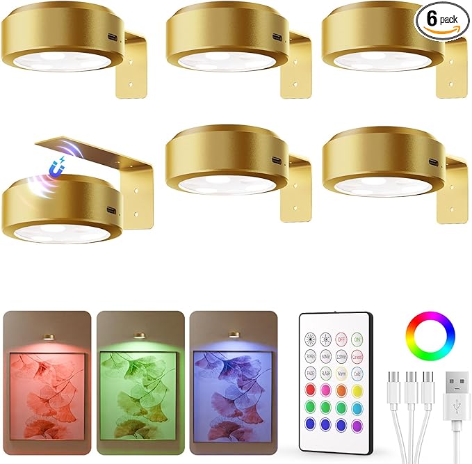 EZVALO Color Changing Picture Lights for Wall,2000mAh Rechargeable Battery Painting Light,Wireless Magnetic Art Light with Remote Control Timer,Dimmable Wall Lights for Pictures,Gallery,Frame(6 Pack)