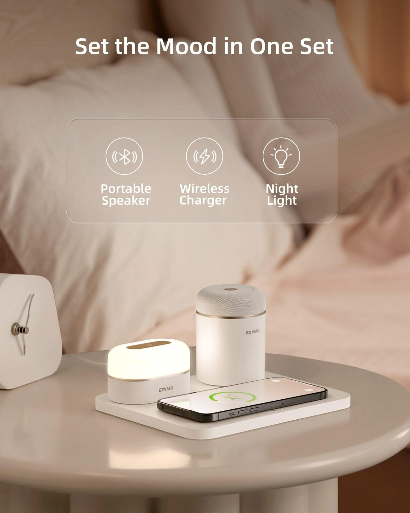 EZVALO EzFlex E 3 - in - 1 gift box with Wireless Phone Charger & LED Night Light & Portable Speaker - White - EZVALO